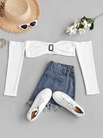 ZAFUL Knitted Square Ring Off Shoulder Crop T Shirt S White
