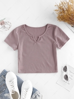 ZAFUL Knitted V Notch Crop T Shirt S Purple