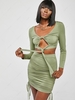 ZAFUL Knot Long Sleeve Crop Top and Ruched Slinky Skirt Set L Light green