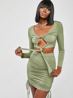 ZAFUL Knot Long Sleeve Crop Top and Ruched Slinky Skirt Set S Light green