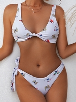 ZAFUL Knotted Butterfly Print Plunge Bikini Swimwear M White