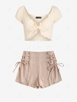 ZAFUL Knotted Plunging Knitwear and Lace Up Shorts Set Light coffee