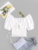 ZAFUL Knotted Puff Sleeve Plunge Shirred Blouse L White