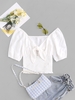 ZAFUL Knotted Puff Sleeve Plunge Shirred Blouse M White