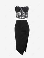 ZAFUL Lace Corset Top and Slit Bodycon Skirt Set Black