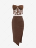 ZAFUL Lace Corset Top and Slit Bodycon Skirt Set Coffee