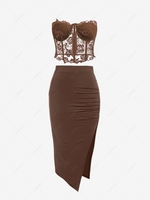 ZAFUL Lace Corset Top and Slit Bodycon Skirt Set Coffee