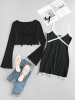 ZAFUL Lace Insert Bowknot Bodycon Dress with Tie Front Cardigan S Black