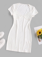 ZAFUL Lace Insert Ribbed Cupped Bodycon Dress M White