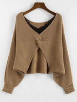 ZAFUL Lace Insert Twisted Batwing Sleeve Sweater S Coffee