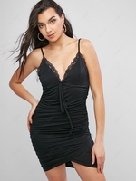 ZAFUL Lace Panel Ruched Bodycon Cami Dress S Black