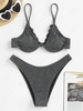 ZAFUL Lace Trim Monowire Metallic Sparkle Glitter Bikini Swimwear Black