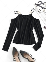 ZAFUL Lace Trim O-ring Cold Shoulder Layering Te L Black
