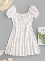 ZAFUL Lace Trim Puff Sleeve Tiered Milkmaid Dress M White