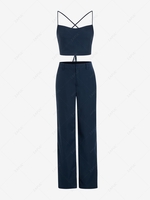 ZAFUL Lace Up Criss Cross Top and Low Rise Pants Set M Deep blue