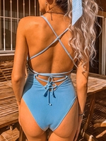 ZAFUL Lace-up Crisscross Ribbed Swimsuit L Light blue