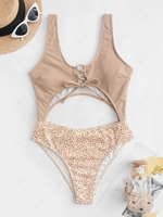 ZAFUL Lace Up Cut Out Ribbed Spotted Print One-piece Swimsuit L Light coffee
