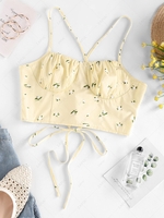 ZAFUL Lace Up Ditsy Print Crop Top L Light yellow