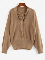 ZAFUL Lace Up Drop Shoulder V Neck Sweater S Coffee