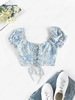 ZAFUL Lace Up Floral Print Puff Sleeve Smocked Cropped Blouse L Light blue