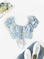 ZAFUL Lace Up Floral Print Puff Sleeve Smocked Cropped Blouse L Light blue