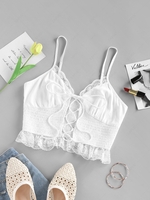 ZAFUL Lace-up Lace Panel Smocked Bralette Top S White
