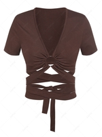 ZAFUL Lace Up O Ring Crop T Shirt L Deep coffee