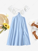 ZAFUL Lace Up Open Back Two Tone Front Slit Dress S Light blue