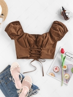 ZAFUL Lace Up Puff Sleeve Milkmaid Blouse L Coffee