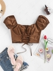 ZAFUL Lace Up Puff Sleeve Milkmaid Blouse M Coffee
