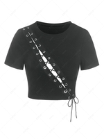 ZAFUL Lace Up Ribbed Crop T Shirt M Black