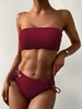 ZAFUL Lace Up Ribbed Strapless Bikini Set L Red wine