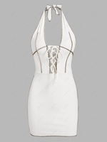 ZAFUL Lace-up Ribbed Topstitch Backless Bodycon Dress S White