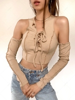 ZAFUL Lace Up Ribbed Topstitch Cold Shoulder Tee L Light coffee