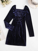 ZAFUL Lace Up Ruched Bust Velvet Mini Dress M Deep blue