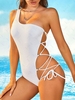 ZAFUL Lace Up Textured One Shoulder Cheeky One-piece Swimsuit L White