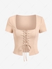 ZAFUL Lace Up U Neck Crop T Shirt L Light coffee