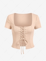 ZAFUL Lace Up U Neck Crop T Shirt M Light coffee