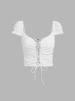 ZAFUL Lace-up Zip Puff Sleeve Crop Top Xl White