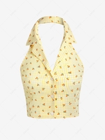 ZAFUL Lapel Smocked Back Gingham Fruit Open Back Tank Top L Light yellow