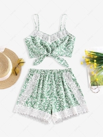 ZAFUL Leaf Print Crochet Insert Tied Shorts Set L Green