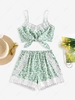 ZAFUL Leaf Print Crochet Insert Tied Shorts Set M Green