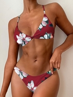 ZAFUL Leaf Print High Leg Bikini Set L Red wine