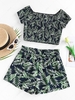 ZAFUL Leaf Print Smocked Wide Leg Shorts Set L Deep blue