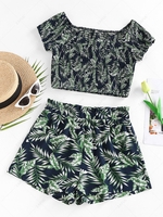 ZAFUL Leaf Print Smocked Wide Leg Shorts Set L Deep blue