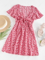 Zaful Leaves Print Front Knot MINI DRESS M Red