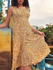 ZAFUL Leaves Print Tie Shoulder Midi Dress L Yellow