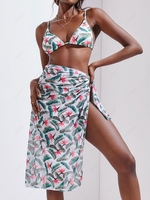 ZAFUL Leaves Ribbed Curtain String Tanga Three Piece Swimwear L Light green