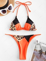 ZAFUL Leopard Colorblock Braided Strap String Bikini Swimwear L Dark orange