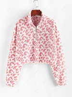 ZAFUL Leopard Faux Fur Drop Shoulder Half Zip Sweatshirt L Light pink